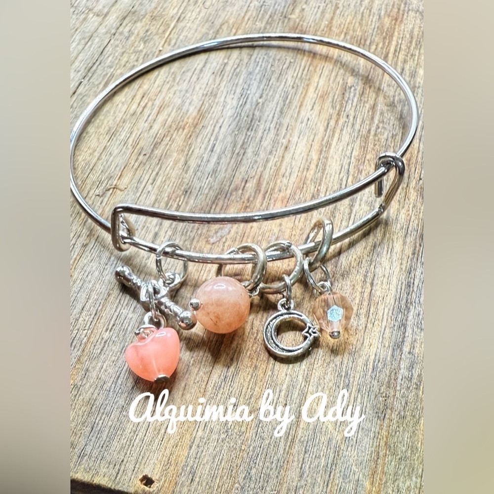 Silver statement peach moonstone bangle bracelet